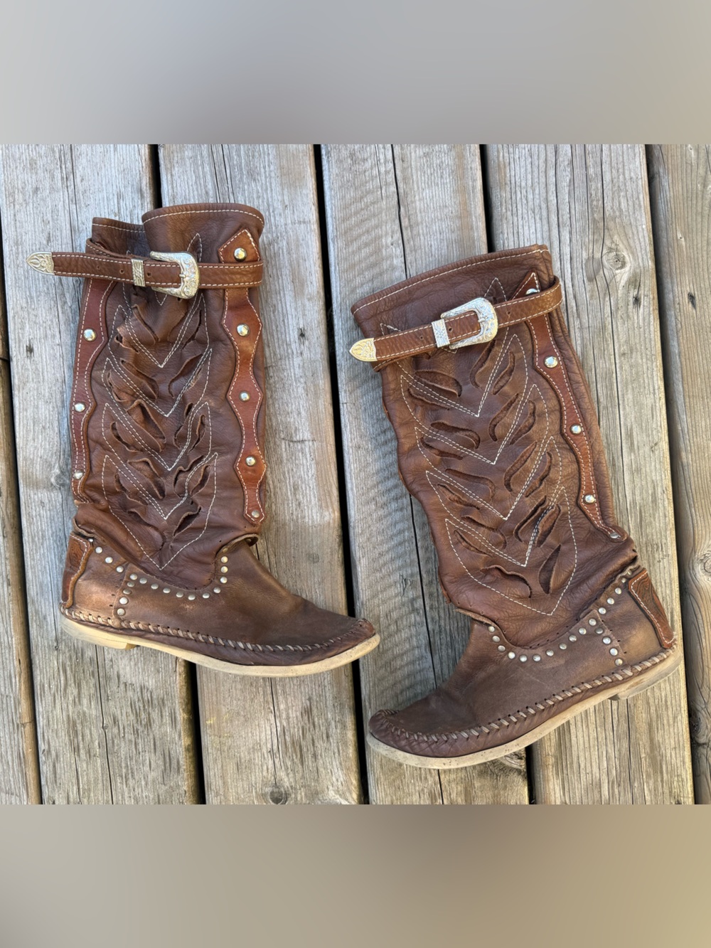 Genuine Calf Western Brown Leather Hat Boot Cuffs with Studded Buckles